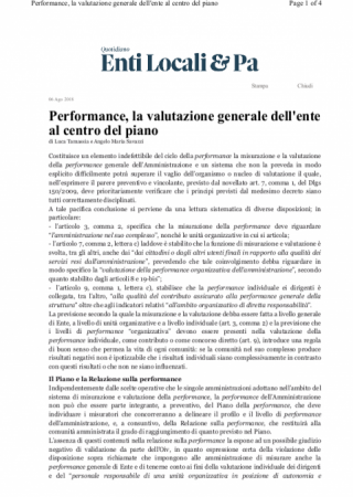 Performance, la valutazione generale dell'ente al centro del piano